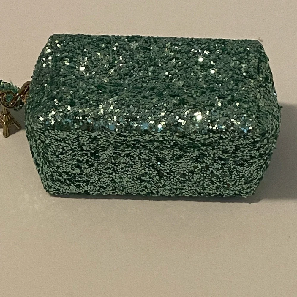 Mini Glitter Top Zip Pouch With Eiffel Tower Charm